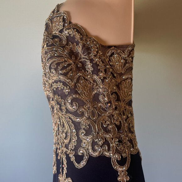 Xscape Crystal Embroidered Halter Velvet Gown in Blue/Gold Size 6 Prom Formal - Picture 9 of 15